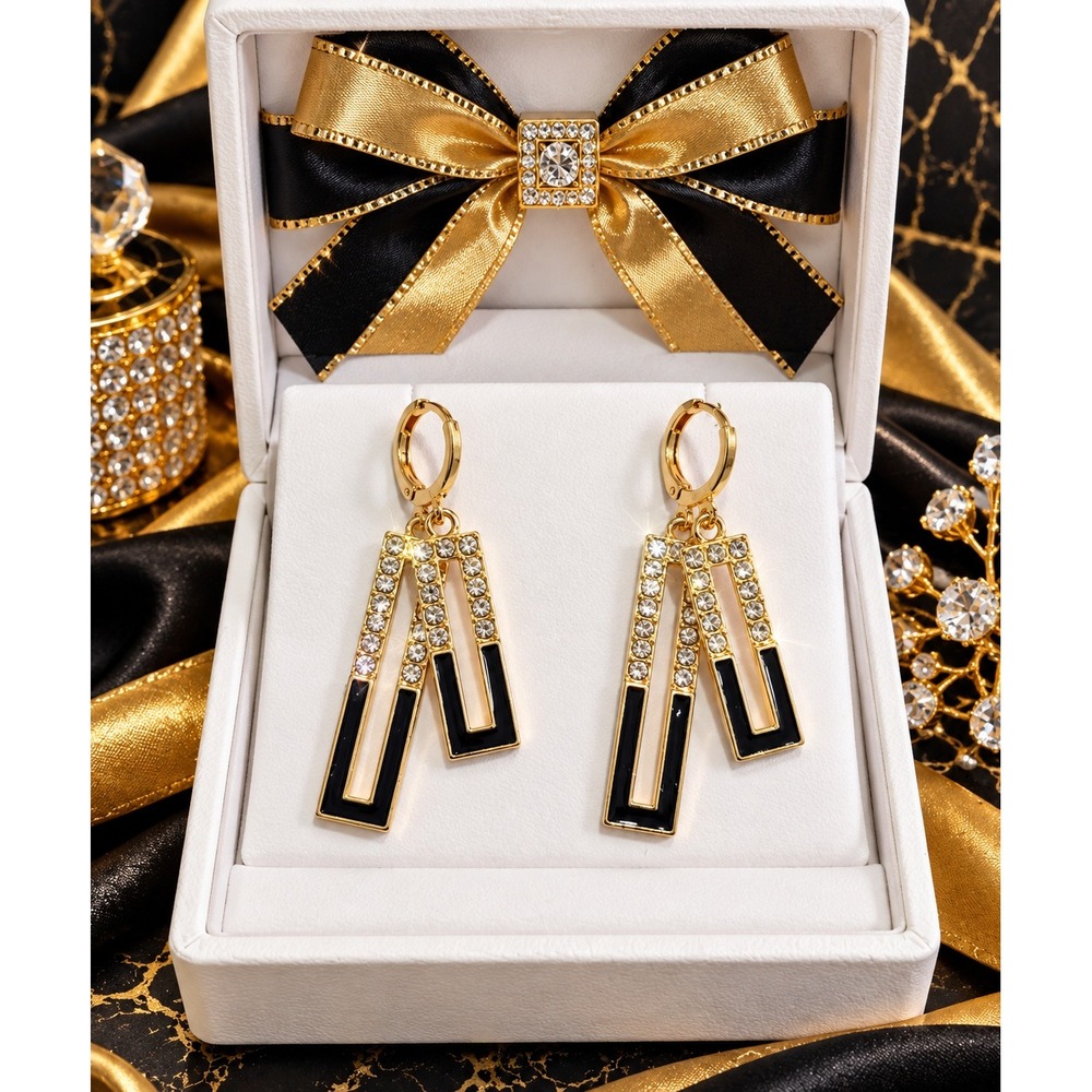 Gold Tone Black Enamel Crystal Geometric Tiered Rectangle Drop Huggie Earrings